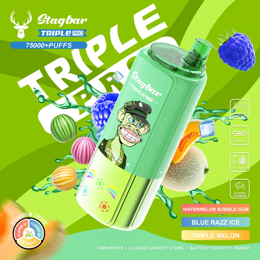 Stag Bar Triple Pro 75000 75K Puffs 3-in-1 Vape 9 Stag Bar Triple Pro 75K vape med smakerna Watermelon Bubble Gum, Blue Razz Ice och Triple Melon.