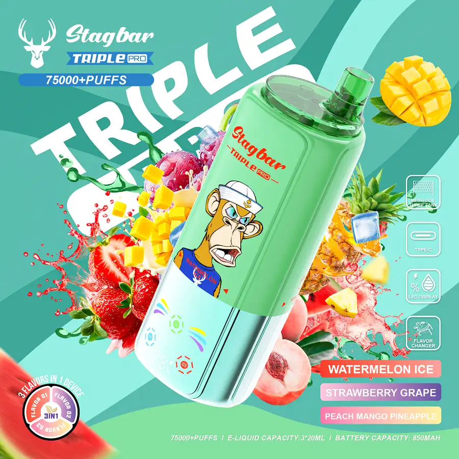 Stag Bar Triple Pro 75000 75K Puffs 3-in-1 Vape 11 Stag Bar Triple Pro 75K vape med smakerna Watermelon Ice, Strawberry Grape och Peach Mango Pineapple.