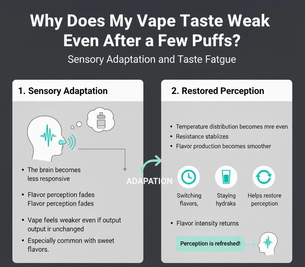 Why Does a New Vape Taste Weak at First? 4 Vape tasting weak after several puffs due to taste fatigue or adjustment