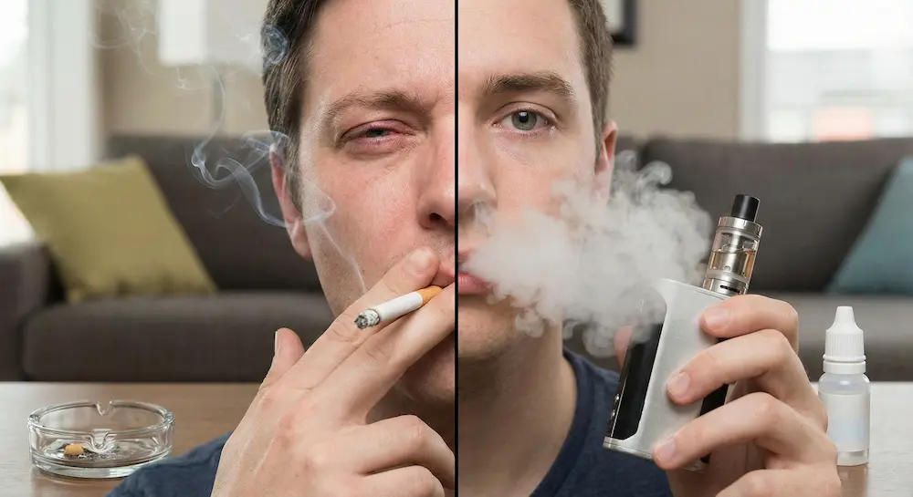 Il vaping può causare l'offuscamento della vista? Cause, rischi e cosa fare 3 Questa immagine è di supporto a una spiegazione educativa di come il vaping possa causare visione offuscata, irritazione oculare e disagio visivo. Si riferisce agli effetti della nicotina, alla disidratazione e alla riduzione del flusso sanguigno che possono compromettere temporaneamente la vista di alcuni utenti.