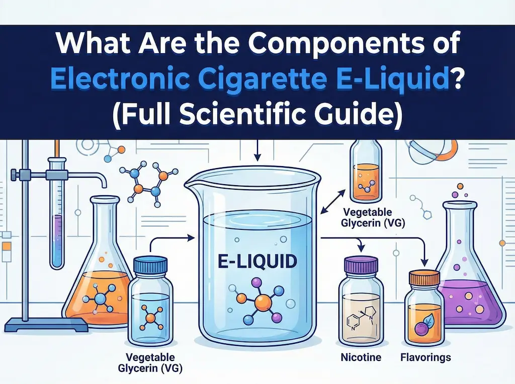 What Are the Components of Electronic Cigarette E-Liquid? (Full Scientific Guide) 2 Electronic cigarette e-liquid components explained with PG, VG, nicotine, and flavors