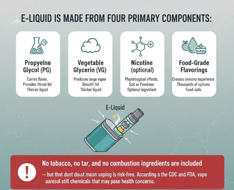 What Are the Components of Electronic Cigarette E-Liquid? (Full Scientific Guide) 3 Simple breakdown of the four main e-liquid ingredients in a vape