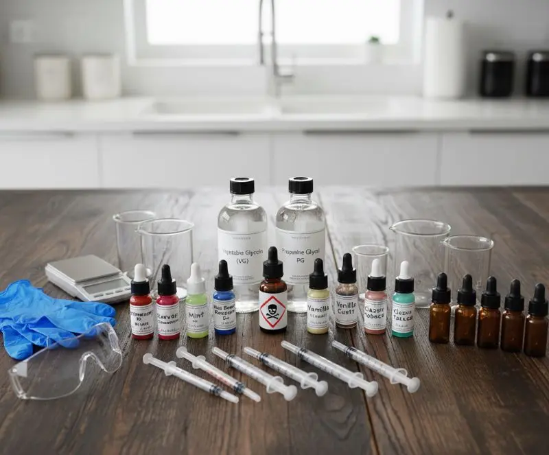 Tools and ingredients needed to make vape juice at home
