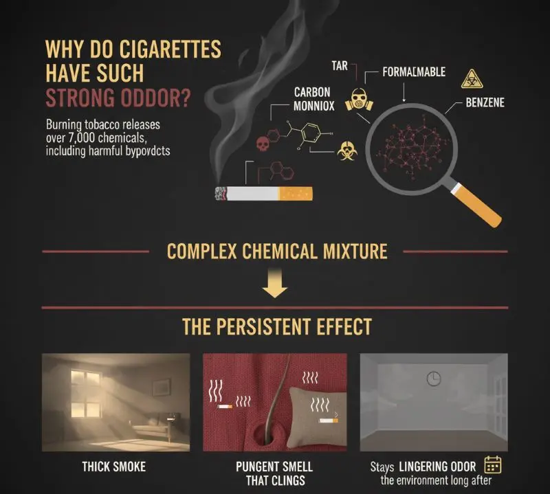 Why cigarette smoke smells strong and lingers on clothes and surfaces