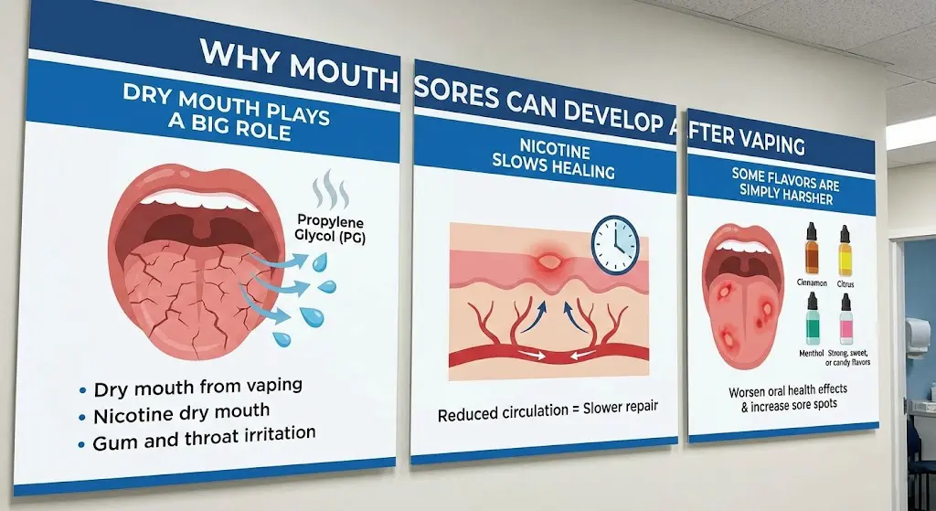 Hur behandlar man munsår från vaping? En tydlig, vetenskapsbaserad guide 3 Varför munsår kan utvecklas efter vaping på grund av nikotin och muntorrhet
