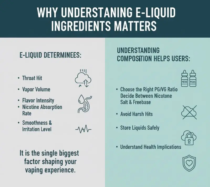 What Are the Components of Electronic Cigarette E-Liquid? (Full Scientific Guide) 4 Why e-liquid ingredients affect throat hit, vapor, and nicotine feel