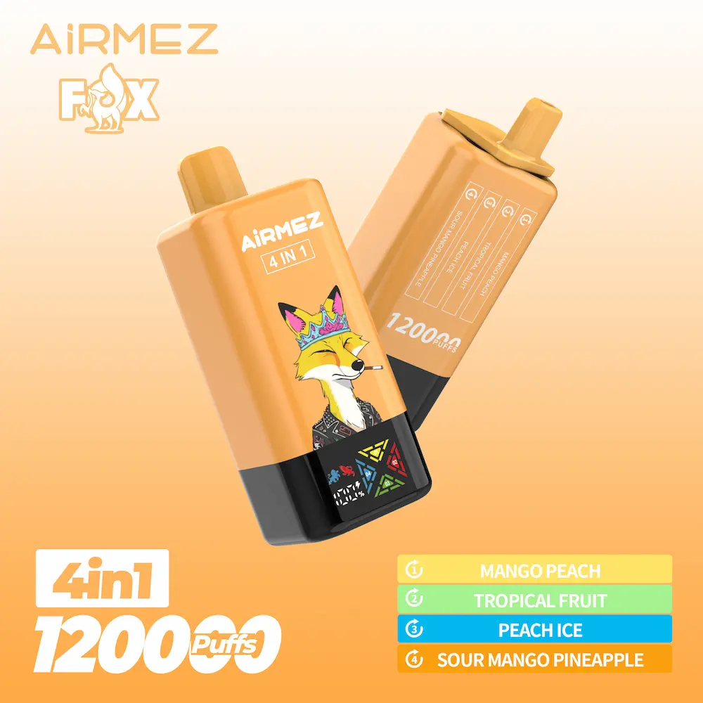 airmez-fox-120k-puffs-4-in-1-mango-peach-tropical-fruit-peach-ice-sour-mango-pineapple Airmez Fox 120K puffs 4 in 1 disposable vape – Mango Peach | Tropical Fruit | Peach Ice | Sour Mango Pineapple
