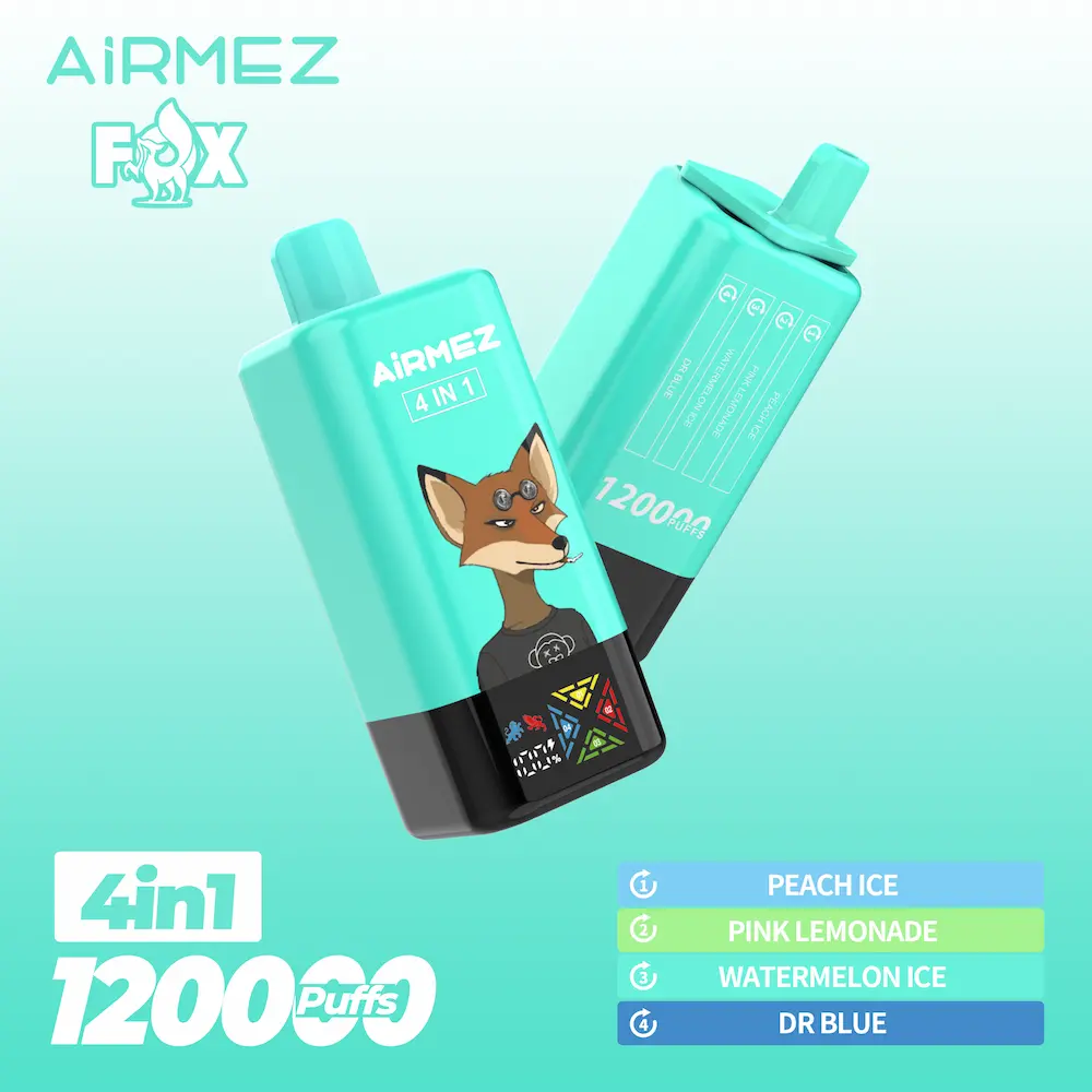airmez-fox-120k-puffs-4-in-1-peach-ice-pink-lemonade-watermelon-ice-dr-blue Airmez Fox 120K puffs 4 in 1 disposable vape – Peach Ice | Pink Lemonade | Watermelon Ice | Dr Blue
