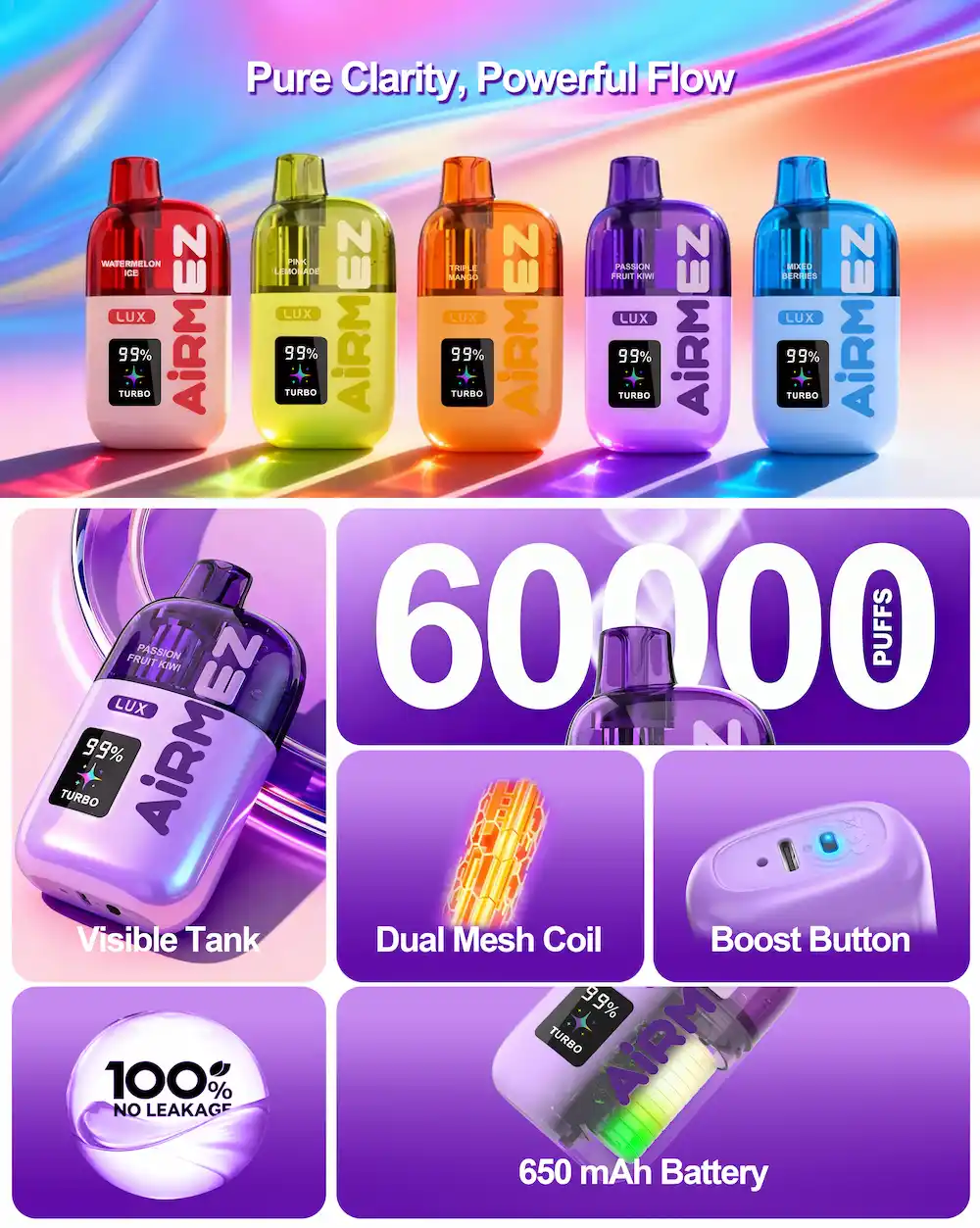 Airmez Lux 60000 Puffs Disposable Vape Features - Dual mode, triple mesh coil, adjustable airflow, and smart LED display for ultimate control and flavor