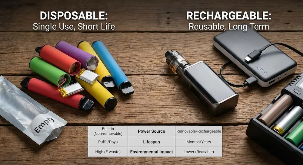 How Long Do Vape Batteries Last? Lifespan Explained Simply 3 This image explains how long vape batteries last, covering disposable vape batteries, rechargeable vape pens, and replaceable battery devices. It highlights real-world battery lifespan, usage factors, and why battery life varies between different vape types.