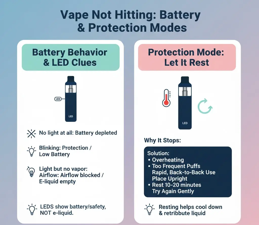 Disposable vape LED light and battery protection behavior