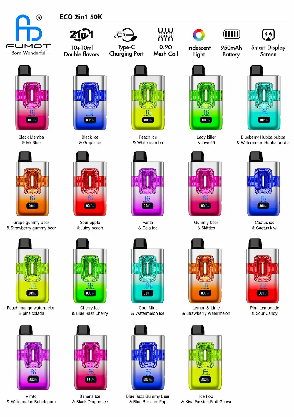 Fumot ECO 2in1 50000 (50K) Puffs Disposable Vape 14 Fumot ECO 2in1 50000 puffs disposable vape dual flavor collection