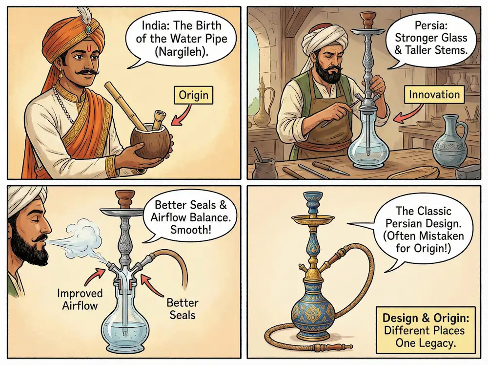 Visual overview of where hookah originated, how early hookah devices developed in Mughal India, and how hookah smoking culture spread through Persia and the Middle East to the modern global market.