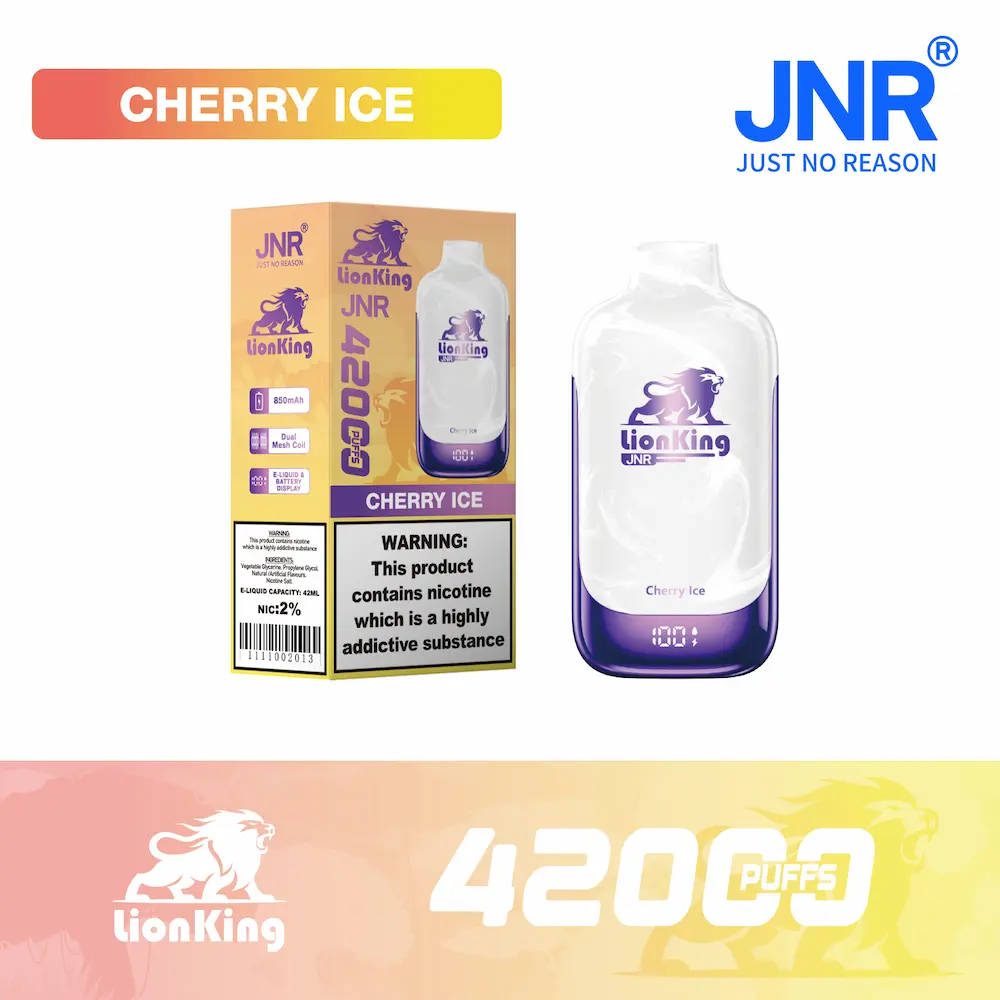 JNR Re Leone 42000 (42K) boccate di vapore monouso 4 JNR Lion King 42000 42K puff monouso - gusto Cherry Ice