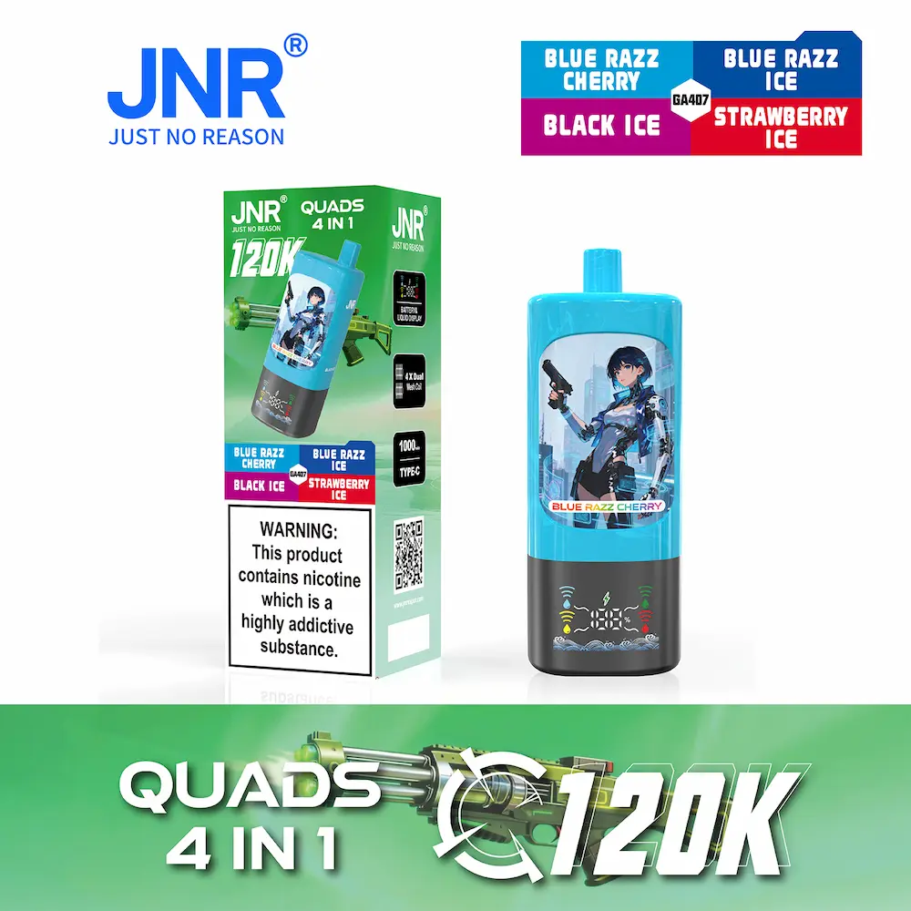 JNR Quads 4-in-1 120000 (120K) boccate di vapore monouso 5 JNR Quads 4-in-1 120K vape - Blue Razz Cherry, Blue Razz Ice, Black Ice, Strawberry Ice