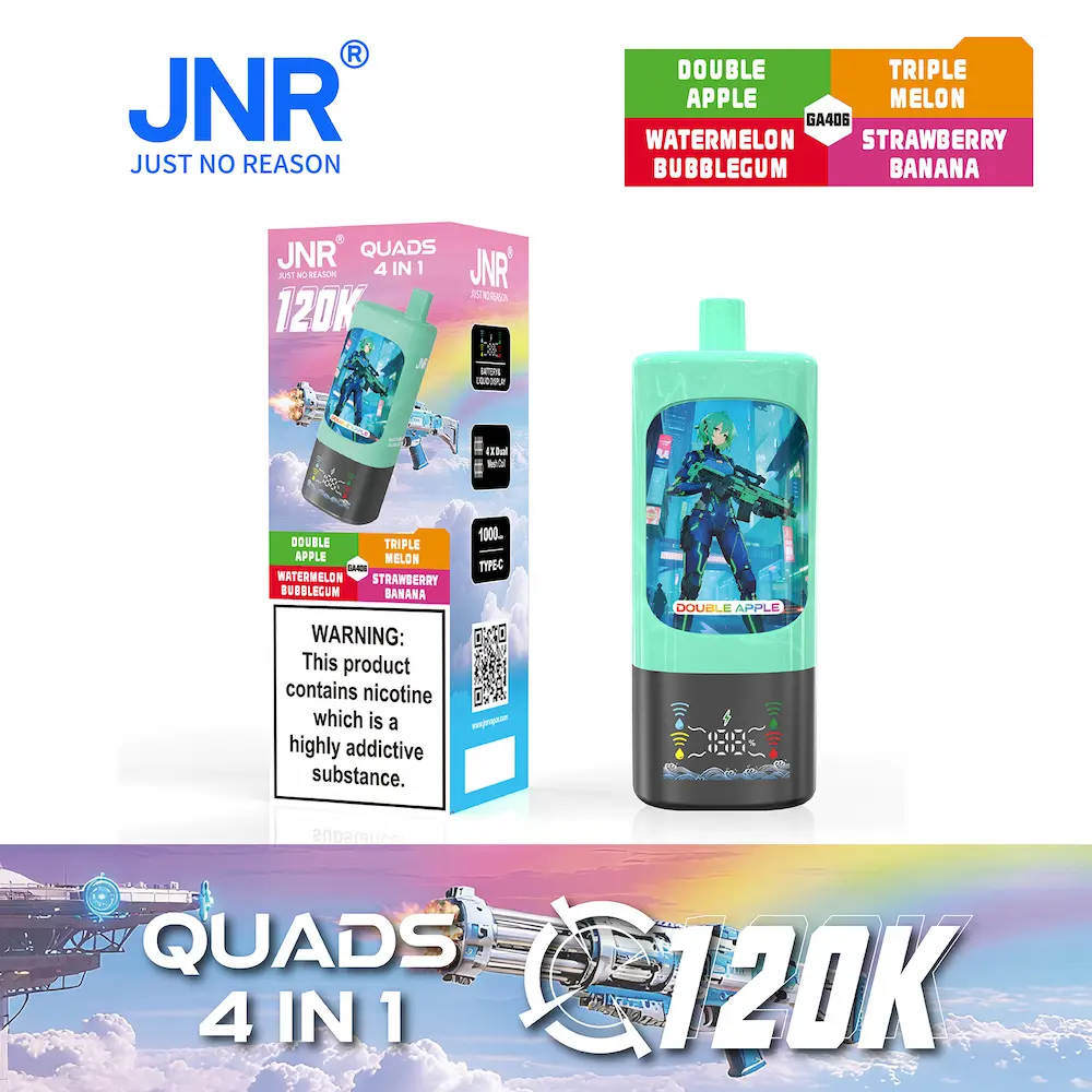 JNR Quads 4-in-1 120000 (120K) boccate usa e getta 6 JNR Quads 4-in-1 120K vape - Doppia Mela, Triplo Melone, Anguria Bubblegum, Fragola Banana