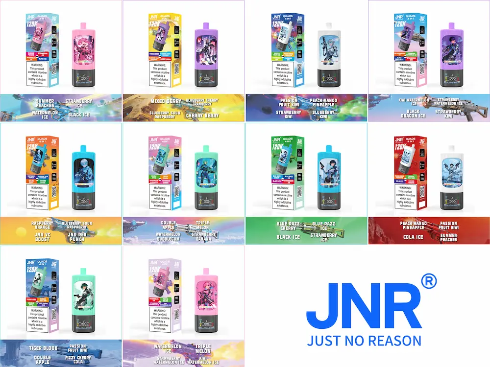 JNR Quads 4-in-1 120000 (120K) boccate di vapore monouso 12 JNR Quads 4-in-1 120K collezione di aromi da svapo 10 fardelli
