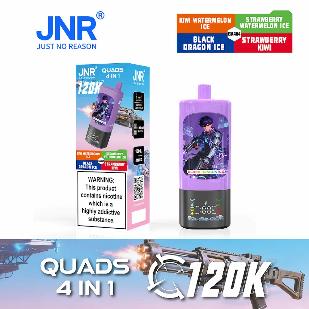 JNR Quads 4-in-1 120000 (120K) soffi usa e getta 8 JNR Quads 4-in-1 120K vape - Kiwi Watermelon Ice, Strawberry Watermelon Ice, Black Dragon Ice, Strawberry Kiwi