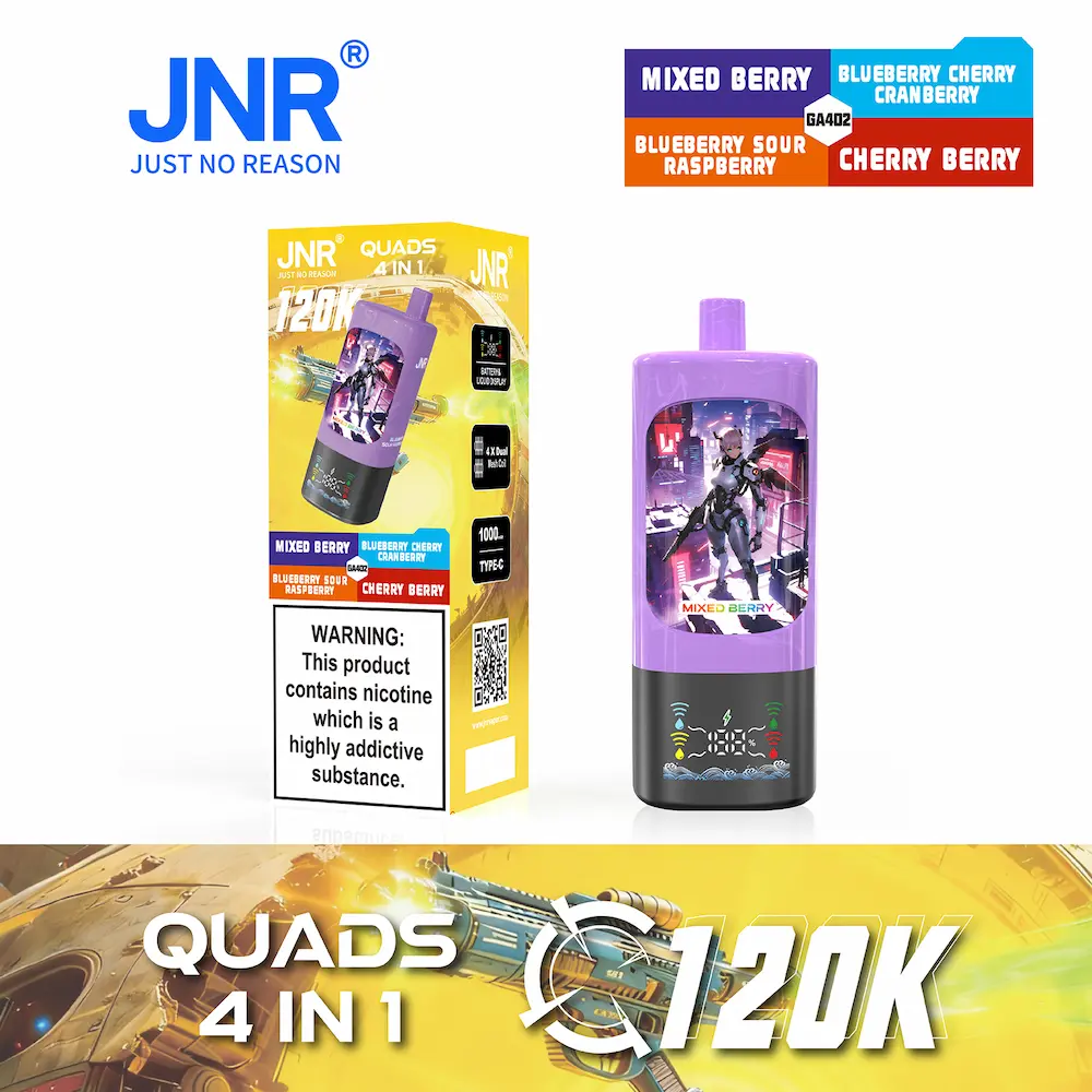 JNR Quads 4-in-1 120000 (120K) boccate usa e getta 10 JNR Quads 4-in-1 120K vape - Bacche miste, Mirtillo Ciliegia Mirtillo, Mirtillo Lampone Acido, Ciliegia Bacca