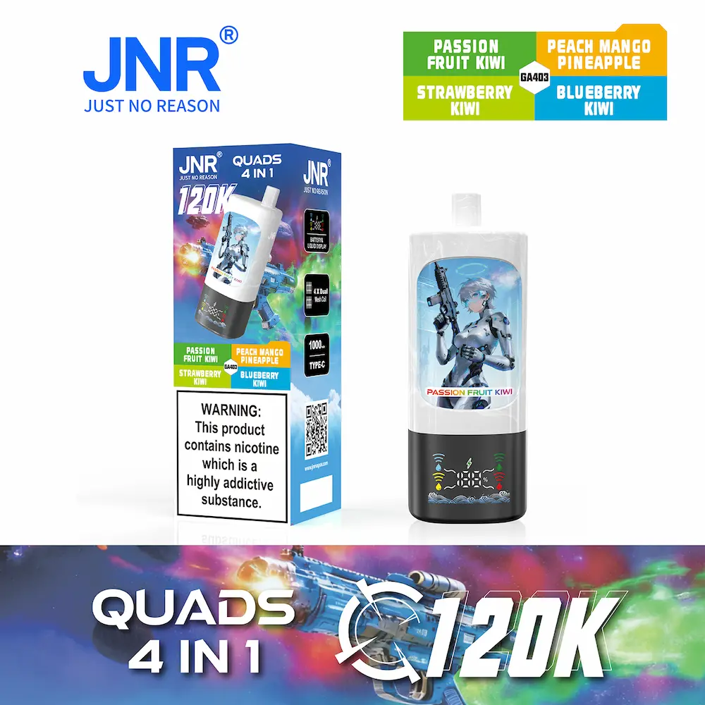 JNR Quads 4-in-1 120000 (120K) soffi usa e getta 9 JNR Quads 4-in-1 120K vape - Passion Fruit Kiwi, Peach Mango Pineapple, Strawberry Kiwi, Blueberry Kiwi