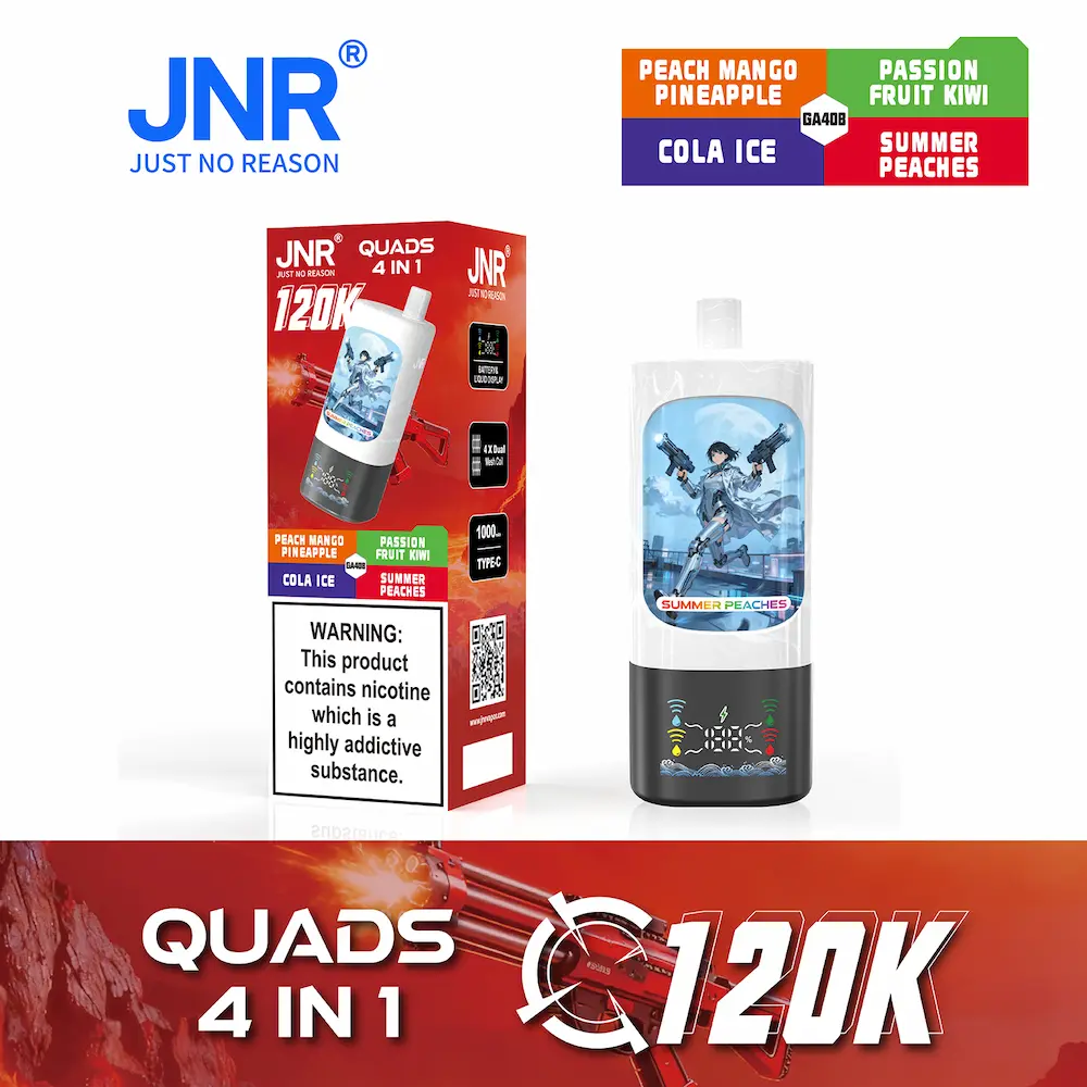 JNR Quads 4-in-1 120000 (120K) boccate di vapore monouso 4 JNR Quads 4-in-1 120K vape - Pesca Mango Ananas, Frutto della Passione Kiwi, Cola Ice, Pesche d'Estate