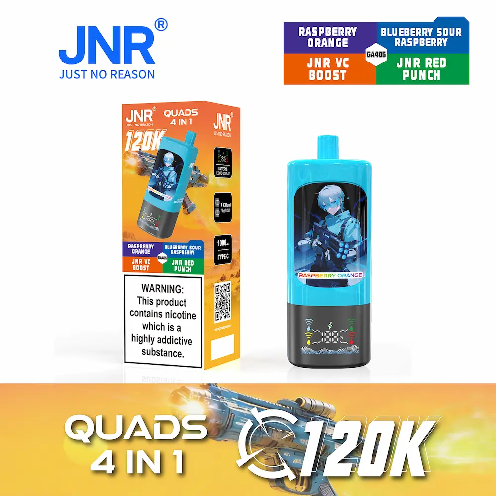 JNR Quads 4-in-1 120000 (120K) soffi usa e getta 7 JNR Quads 4-in-1 120K vape - Arancia lampone, Mirtillo lampone acido, JNR VC Boost, JNR Red Punch