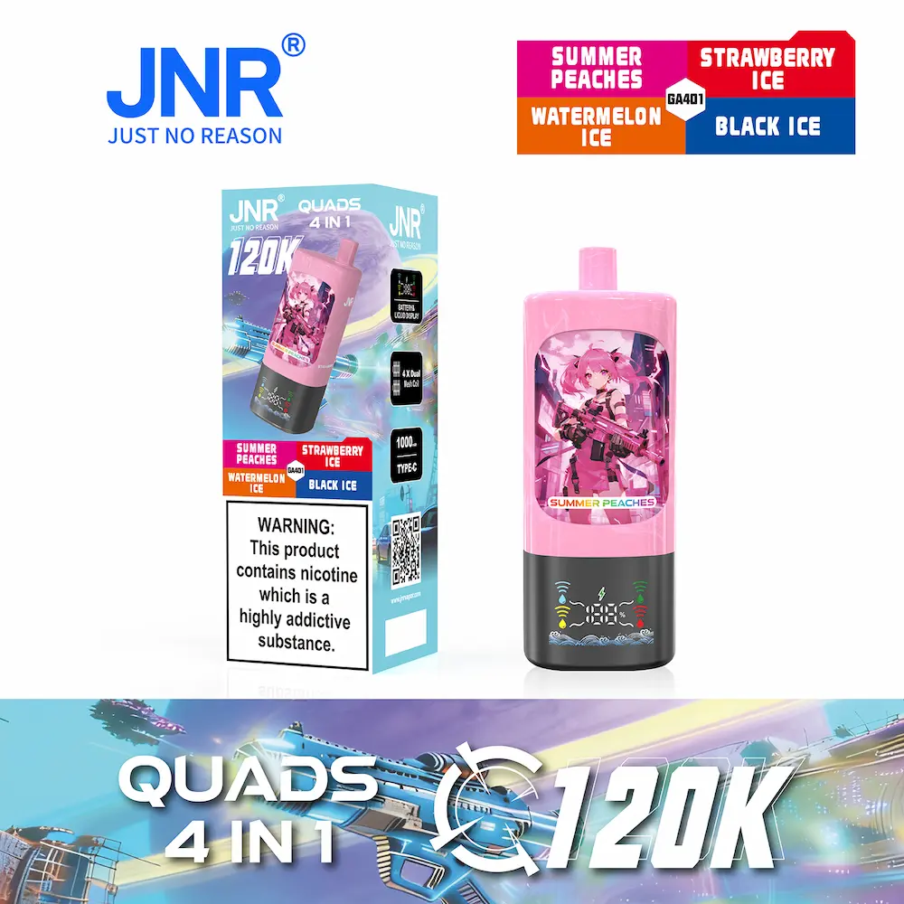 JNR Quads 4-in-1 120000 (120K) soffi usa e getta 11 JNR Quads 4-in-1 120K vape - Pesche estive, Ghiaccio alla fragola, Ghiaccio all'anguria, Ghiaccio nero