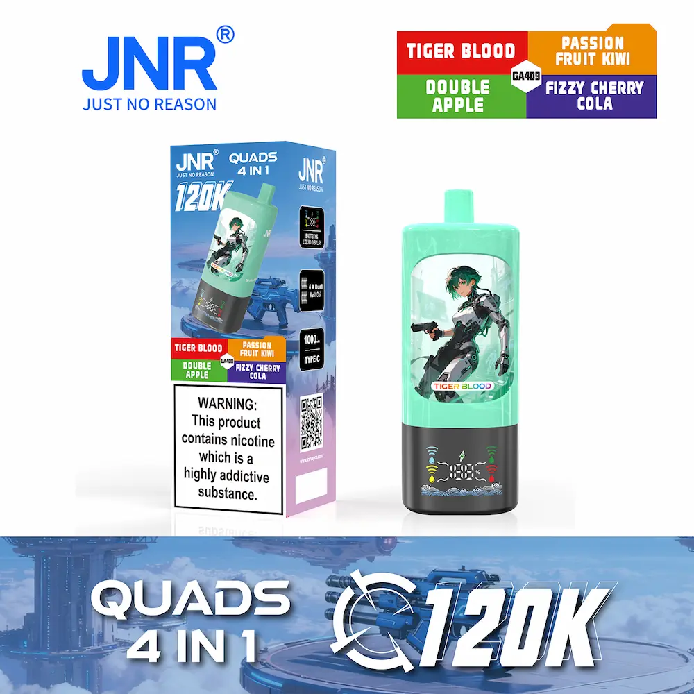 JNR Quads 4-in-1 120000 (120K) boccate monouso 3 JNR Quads 4-in-1 120K vape - Sangue di Tigre, Doppia Mela, Frutto della Passione Kiwi, Ciliegia Cola Frizzante