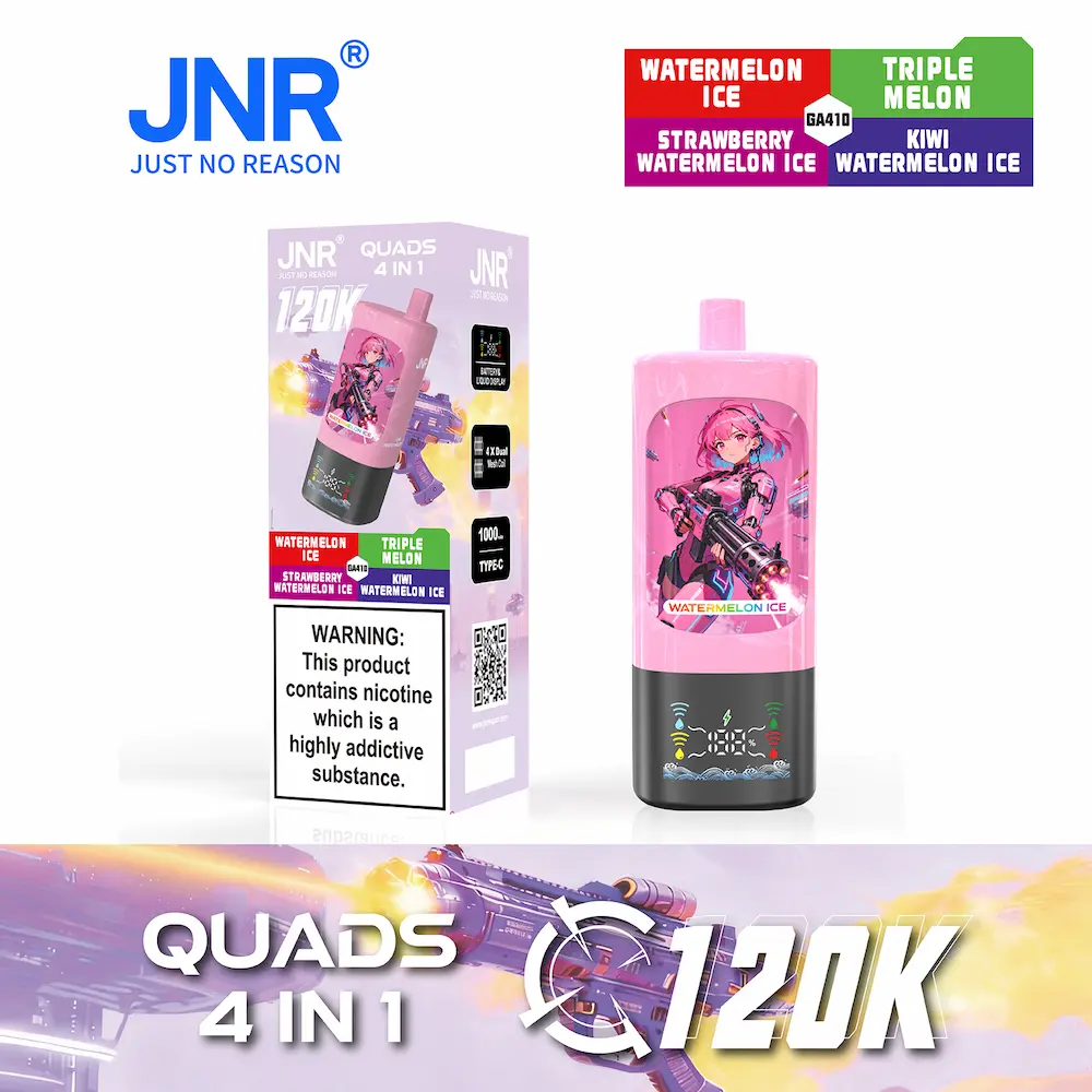 JNR Quads 4-in-1 120000 (120K) boccate di vapore monouso 2 JNR Quads 4-in-1 120K vape - Watermelon Ice, Triple Melon, Strawberry Watermelon Ice, Kiwi Watermelon Ice