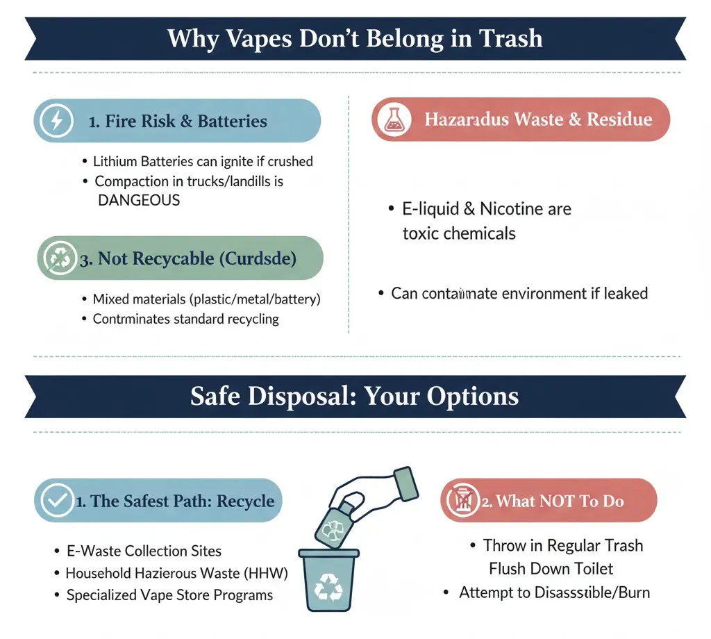 Disposable vape in trash bin showing fire and safety risk