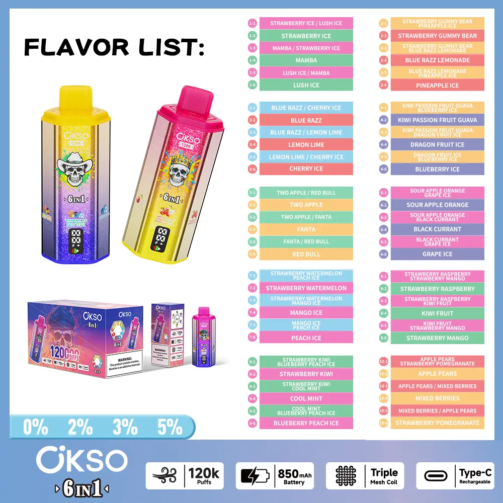 OKSO 120000 6-in-1 disposable vape flavor collection