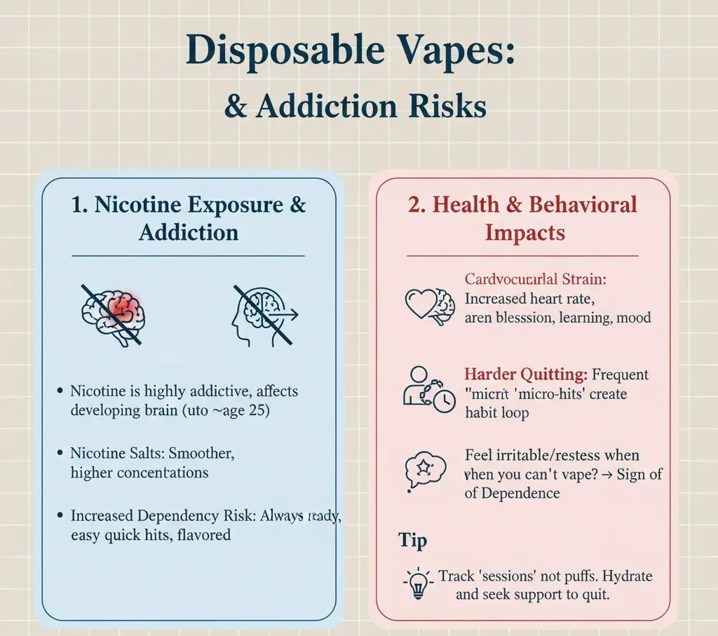 ¿Son seguros los vapeadores desechables? 4 Riesgos de los vaporizadores desechables, como la adicción a la nicotina y la irritación pulmonar