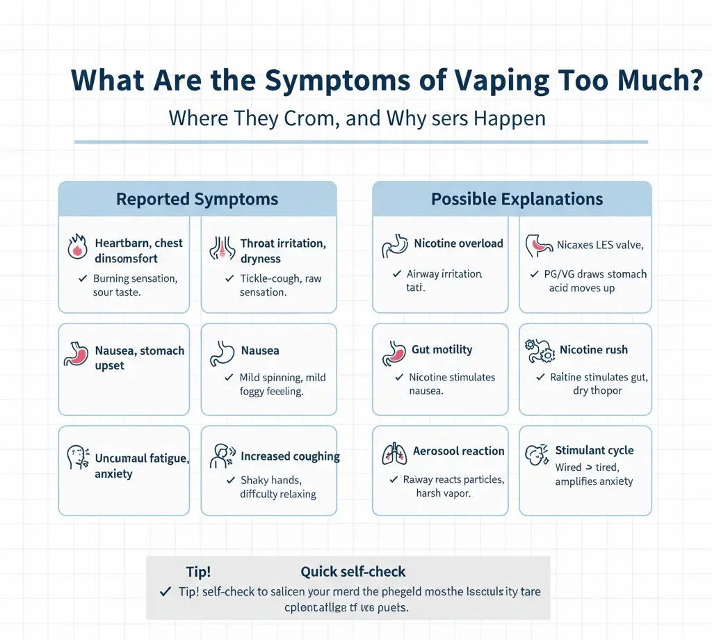 Symptoms of vaping too much including nausea heartburn and dizziness