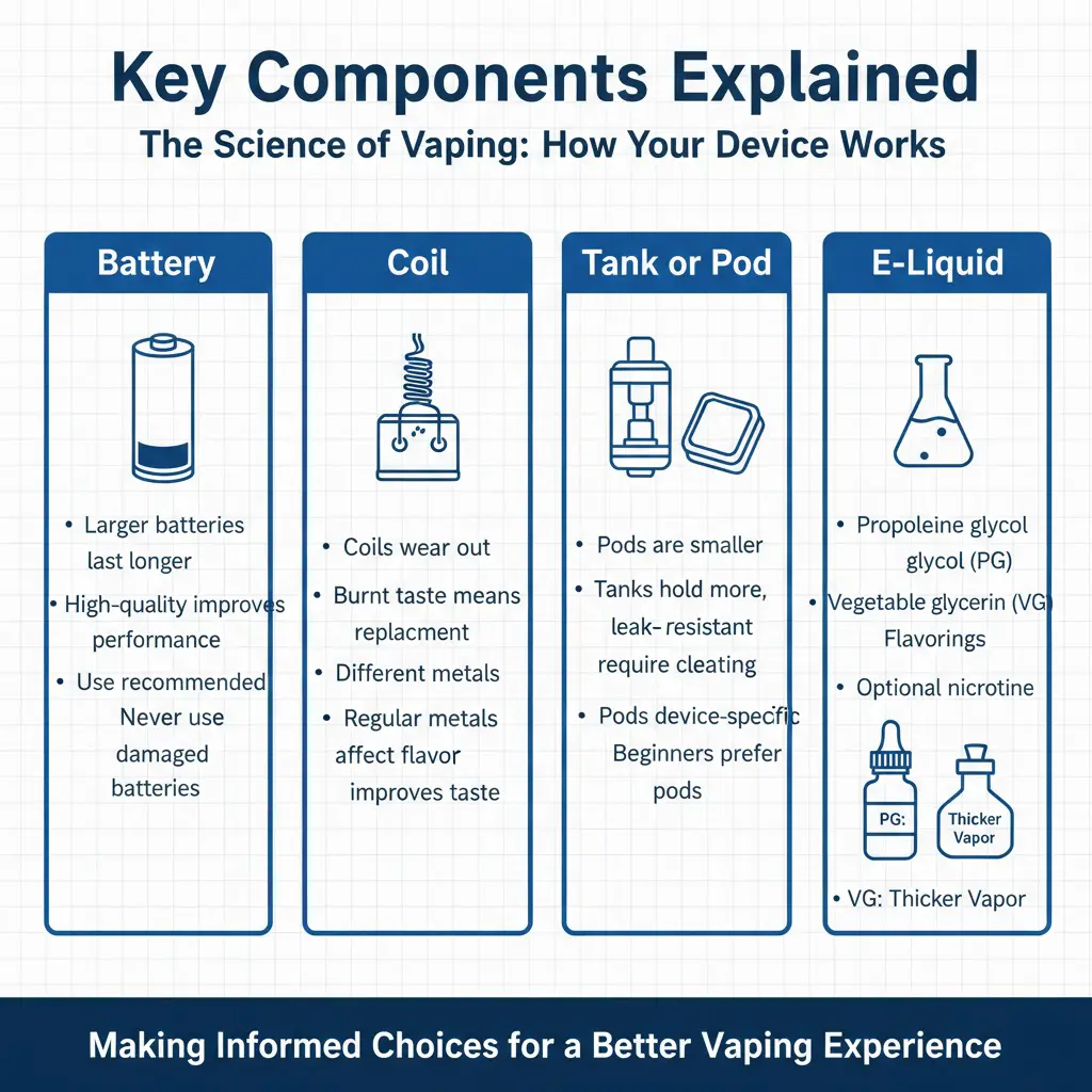 Guida completa per principianti alle sigarette elettroniche: Come iniziare a svapare con fiducia 5 Componenti del dispositivo di svapo batteria bobina pod serbatoio e liquido spiegato per i principianti