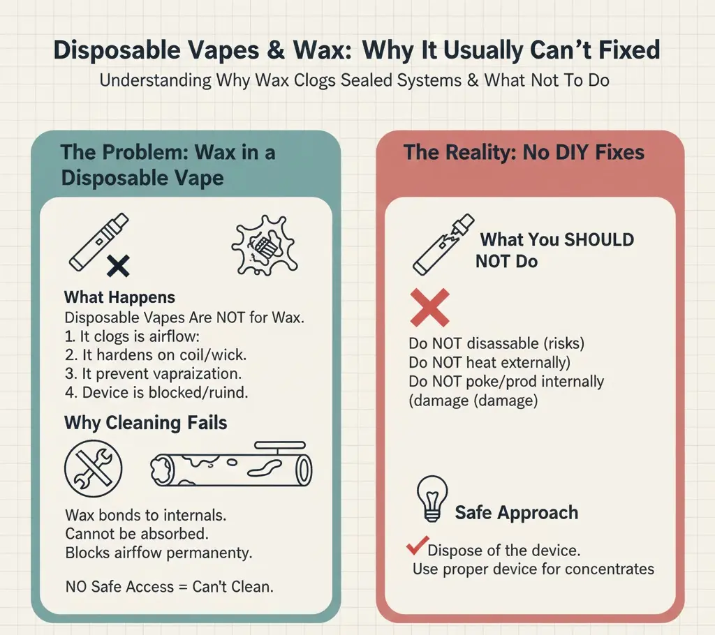 Disposable Vape Clogged or Sticky? Safe Ways to Restore Airflow and Performance 5 Disposable vape clogged by wax contamination blocking airflow