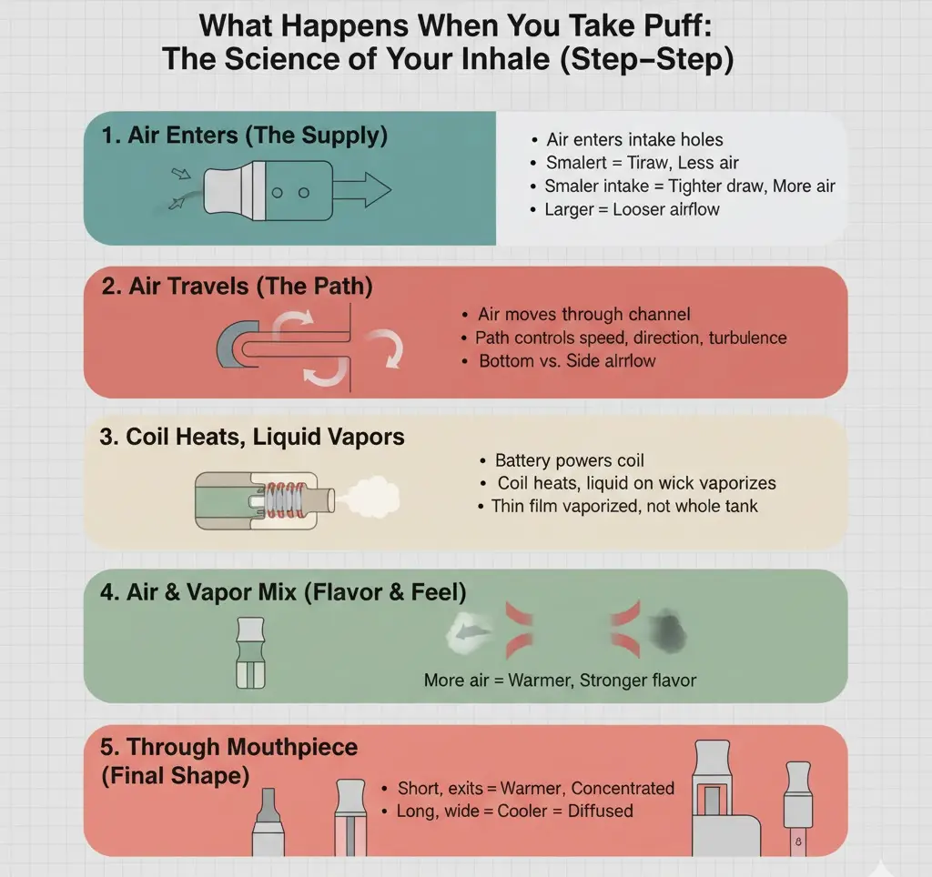 Step by step vape airflow path from intake to mouthpiece