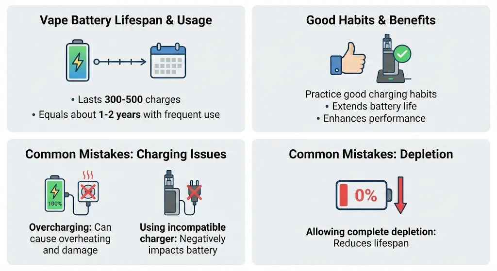 Infographic over de levensduur van vapebatterijen en veelgemaakte fouten bij het opladen