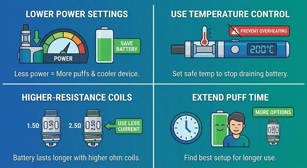 Lagere vermogensinstellingen en temperatuurregeling helpen de levensduur van de vape-batterij te verlengen
